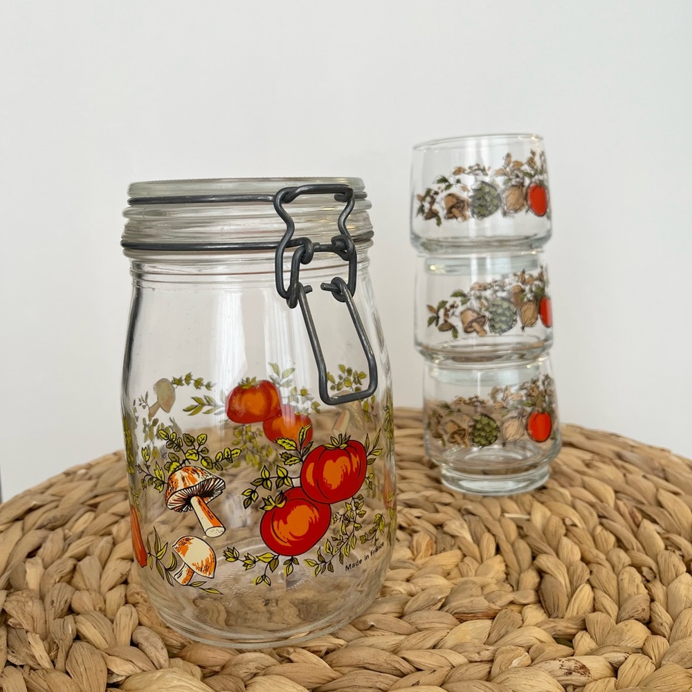 Vintage Arc France “Spice of Life” Canister and Glass Cup Set